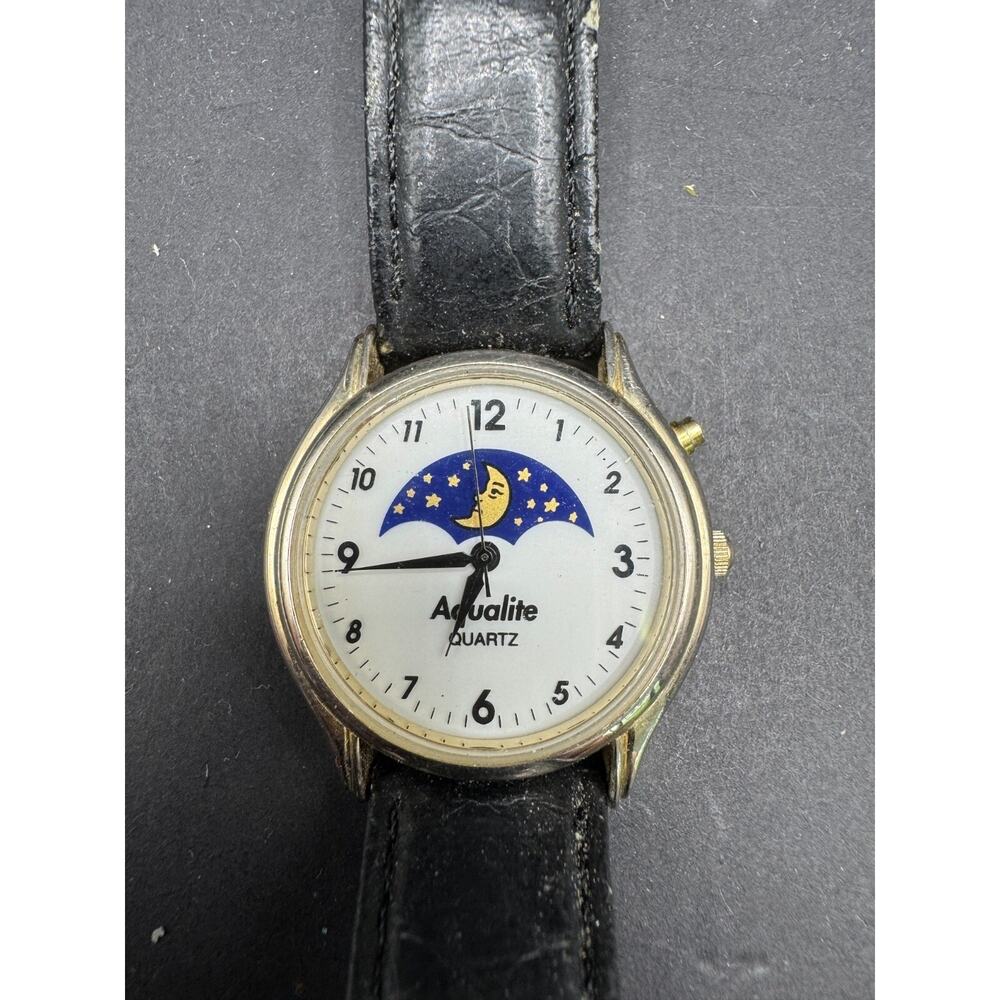 Vintage Aqualite Moon Phase Watch Women Quartz Made Gold Tone Black Leather Band
